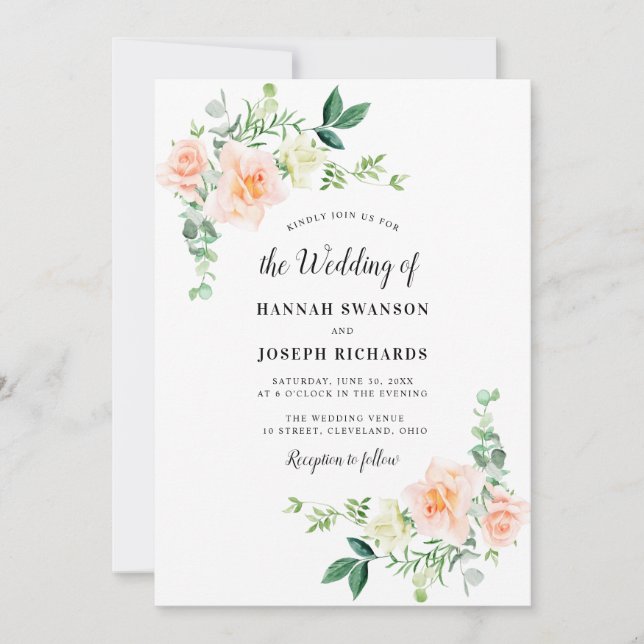 watercolor peach floral wedding invitation (Front)