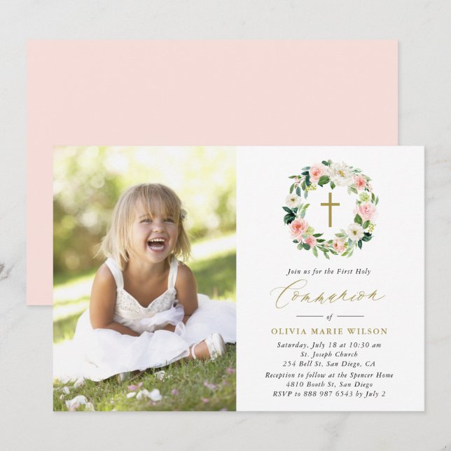 Watercolor Peach Floral Wreath Photo Communion Invitation (Front/Back)