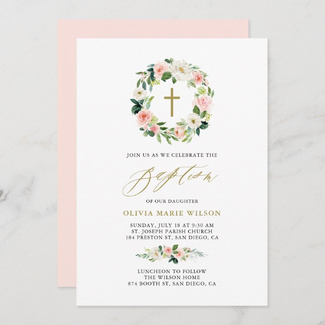 Watercolor Peach Flowers Floral Wreath Baptism Invitation (Front/Back)