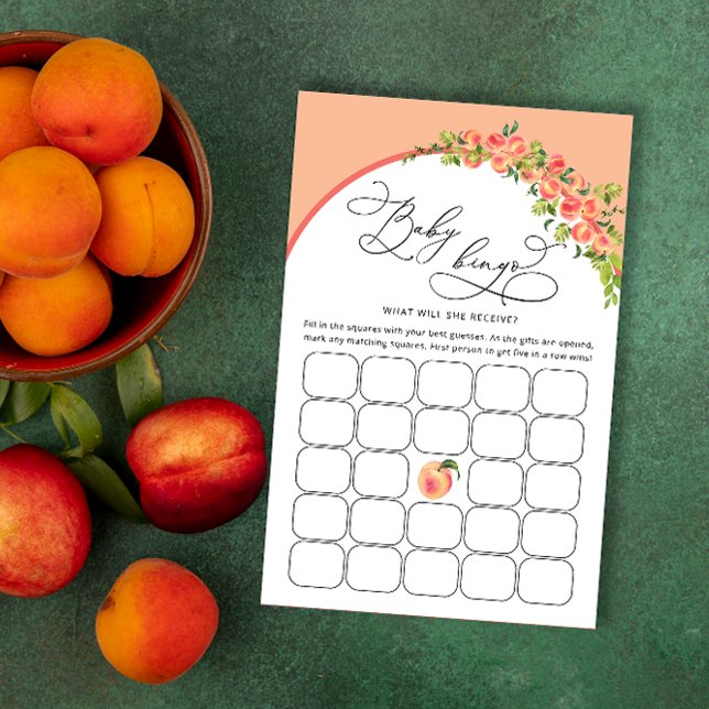 Watercolor Peach Fruit Baby Shower Bingo Game Card (Creator Uploaded)