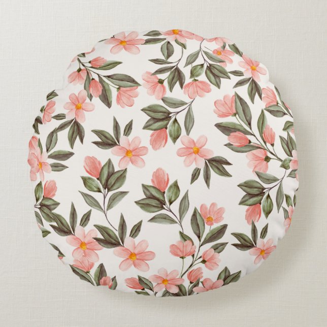 Watercolor Peach Garden Round Pillow (Front)