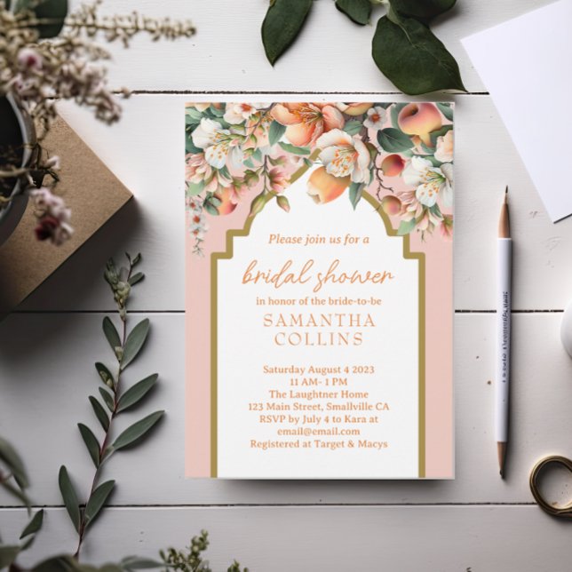 Watercolor Peach Gold Floral Bridal Shower Invitation (Creator Uploaded)