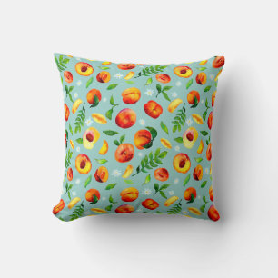 Watercolor Peach Green Leaves Blue background Cushion