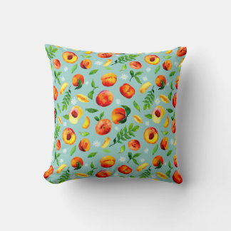 Watercolor Peach Green Leaves Blue background Cushion
