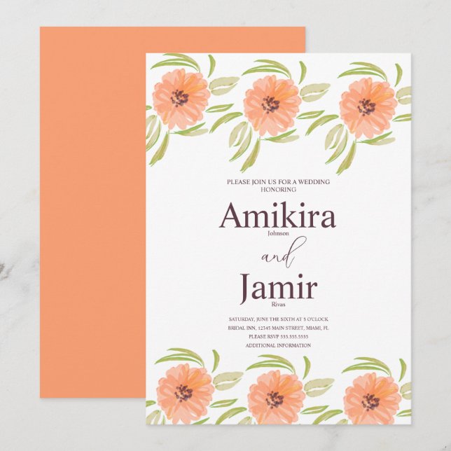 Watercolor Peach Hand Painted Florals Wedding Invitation (Front/Back)