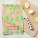 Watercolor Peach Pattern Personalised Lime Green Tea Towel<br><div class="desc">This lime green kitchen towel has an elegant watercolor peach and greenery pattern personalised with your name (back is white.) You can put this design on other products,  too!</div>