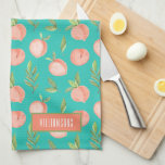 Watercolor Peach Pattern Personalised Turquoise Tea Towel<br><div class="desc">This kitchen towel has an elegant watercolor peach and greenery pattern personalised with your name on a turquoise background (white on the back.) You can put this design on other products,  too!</div>