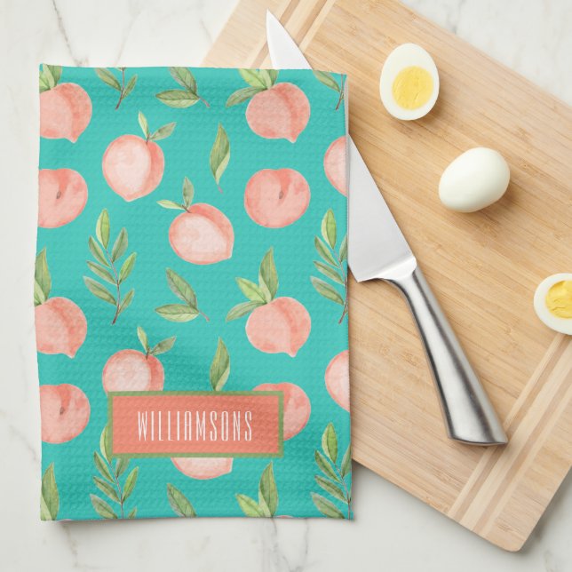 Watercolor Peach Pattern Personalised Turquoise Tea Towel (Quarter Fold)
