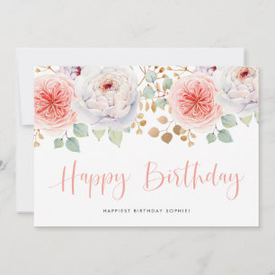 Watercolor Peach Peonies and Gold Leaves Birthday