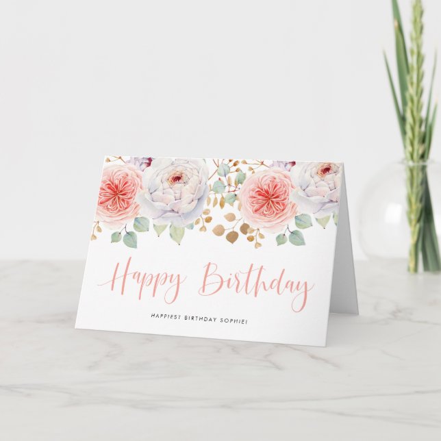 Watercolor Peach Peonies and Gold Leaves Birthday Card (Front)