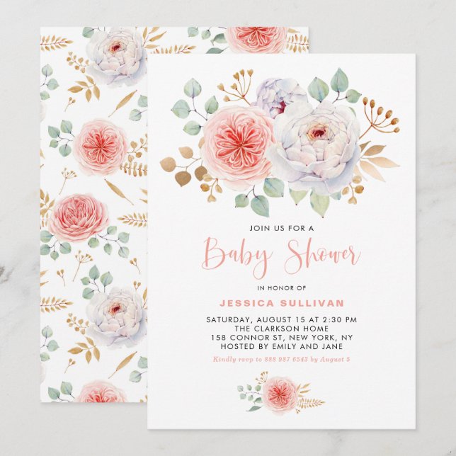 Watercolor Peach Peonies Gold Leaves Baby Shower Invitation (Front/Back)