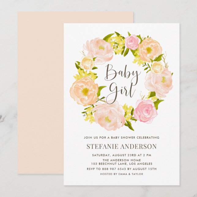 Watercolor Peach Peony Wreath Girl Baby Shower Invitation (Front/Back)