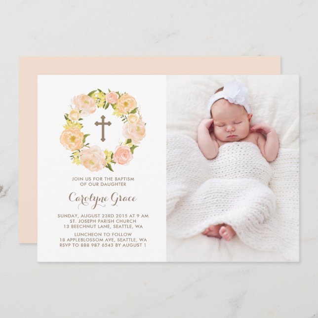 Watercolor Peach Peony Wreath Photo Baptism Invitation (Front/Back)