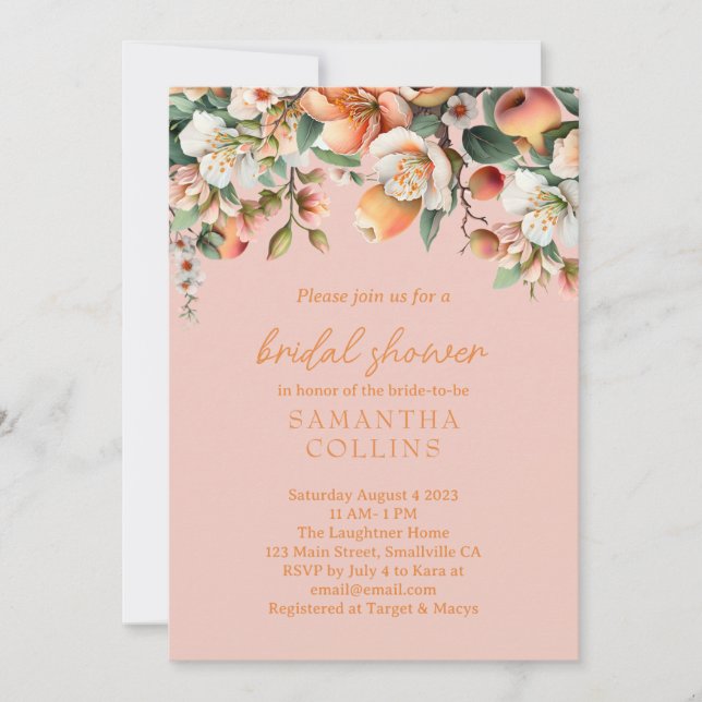 Watercolor Peach Pink Floral Bridal Shower Invitation (Front)