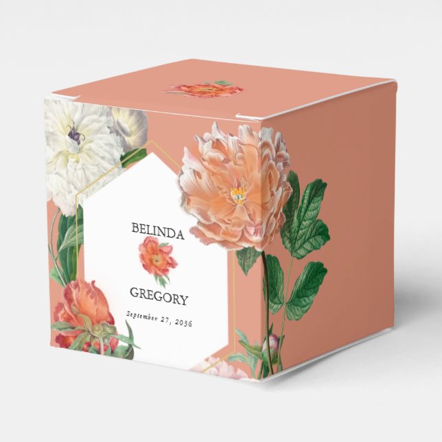 Watercolor Peach Pink Peonies Flowers Wedding Favour Box (Front Side)