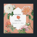 Watercolor Peach Pink Peonies Flowers Wedding Magnet<br><div class="desc">A beautiful watercolor peach and pink peonies flower wedding design with gold geometric frame on a peach background. A unique design that uses vintage botanical peony florals in peach and pink colour tones. An elegant peach and pink peonies floral design with a dash of greenery. A chic gold geometric frame...</div>