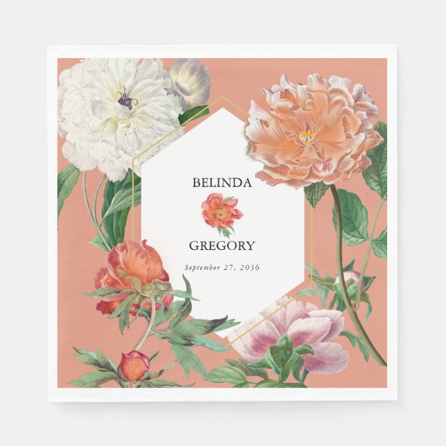 Watercolor Peach Pink Peonies Flowers Wedding Napkin (Front)