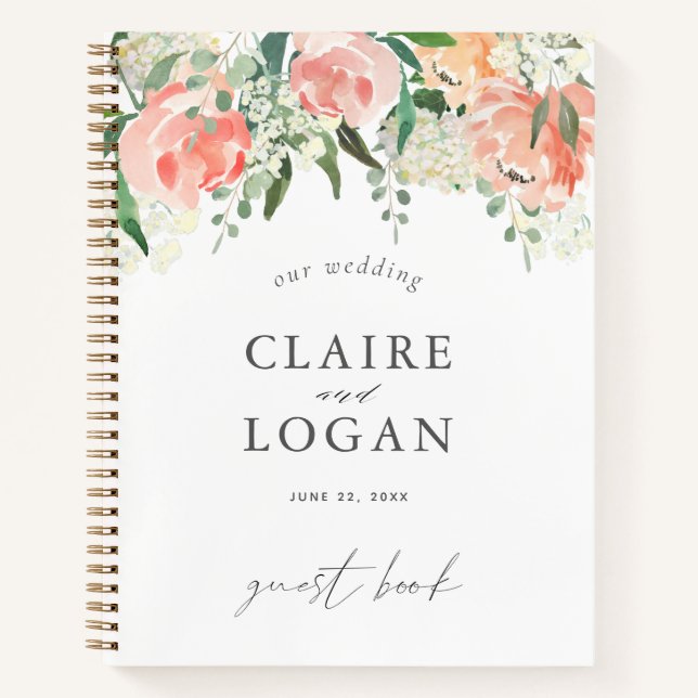 Watercolor Peach Rose Floral Wedding Guest Book (Front)