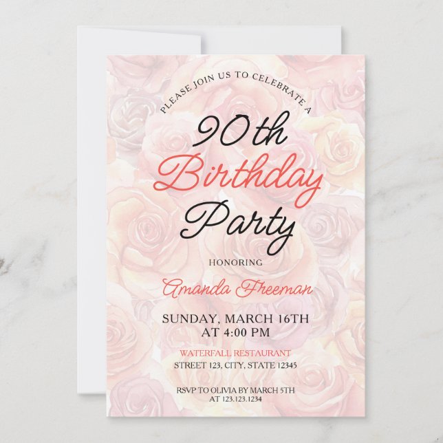 Watercolor Peach Roses Background 90th Birthday Invitation (Front)