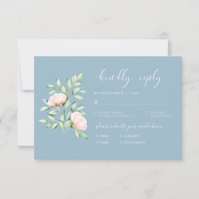 Watercolor Peach Roses Dusty Blue Meal Choice RSVP Card (Front)