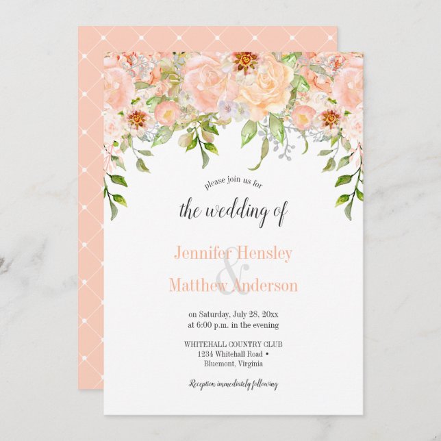 Watercolor Peach Roses Floral Wedding Invitation (Front/Back)