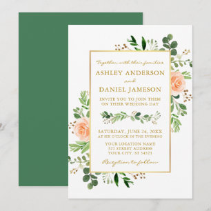 Watercolor Peach Roses Greenery Wedding Gold Invitation