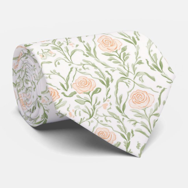 Watercolor peach roses pattern neck tie (Rolled)