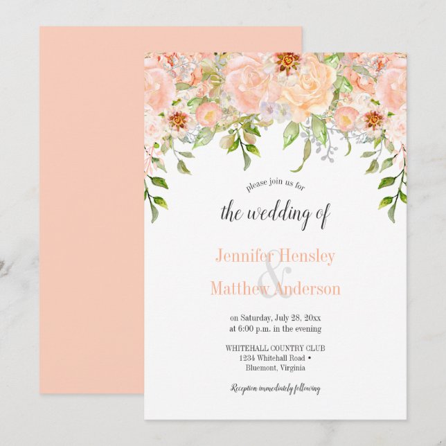 Watercolor Peach Roses Wedding Invitation (Front/Back)