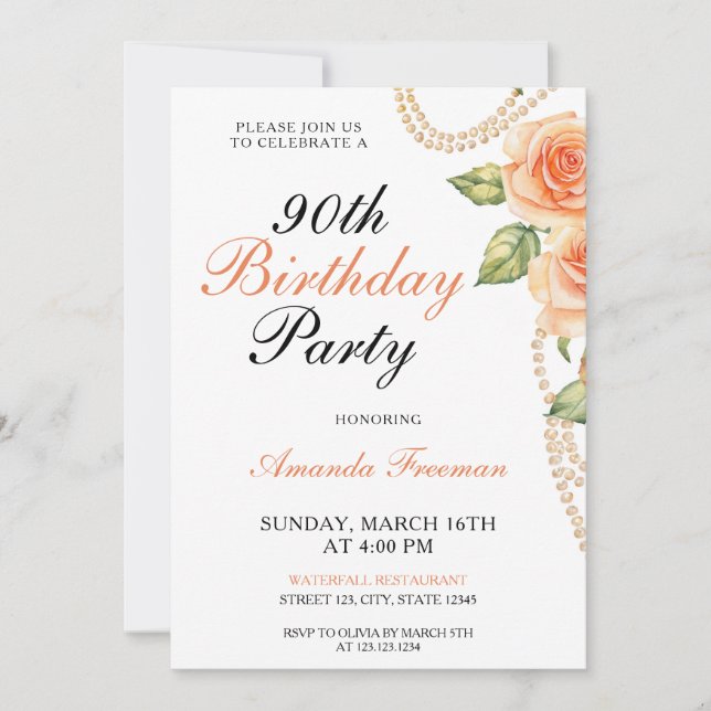 Watercolor Peach Roses with Pearls 90th Birthday Invitation (Front)