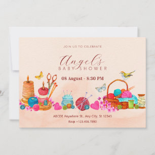 Watercolor peach sewing tools art baby shower invitation