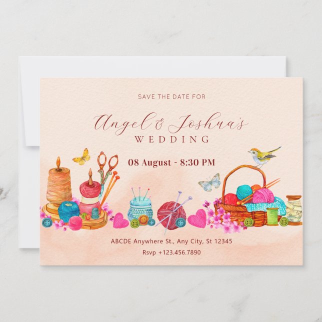 Watercolor peach sewing tools art wedding save the date (Front)