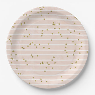 Watercolor Peach Stripe Gold Polka Dot Confetti Paper Plate