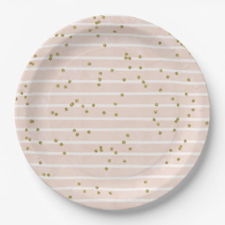 Watercolor Peach Stripe Gold Polka Dot Confetti Paper Plate