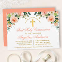 Watercolor Peach White Floral First Communion Gold