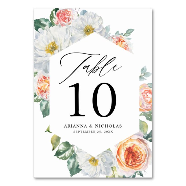 Watercolor Peach & White Floral Frame Wedding Table Number (Front)