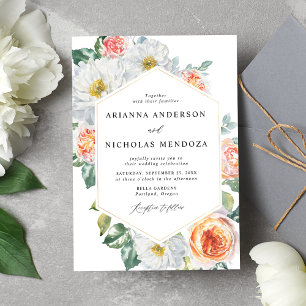 Watercolor Peach & White Floral Gold Frame Wedding Invitation