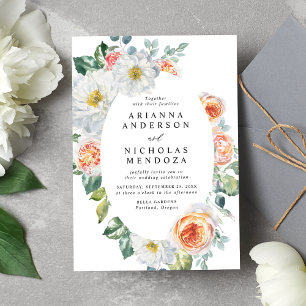 Watercolor Peach & White Floral Oval Frame Wedding Invitation