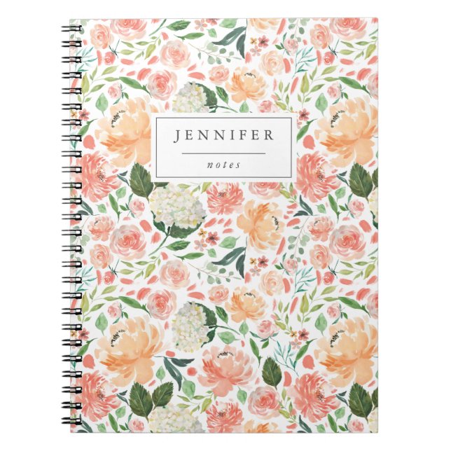Watercolor Peach & White Floral Pattern Notebook (Front)