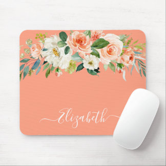 Watercolor Peach White Floral Trendy Script Mouse Pad