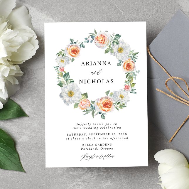 Watercolor Peach & White Floral Wreath Wedding Invitation (Creator Uploaded)