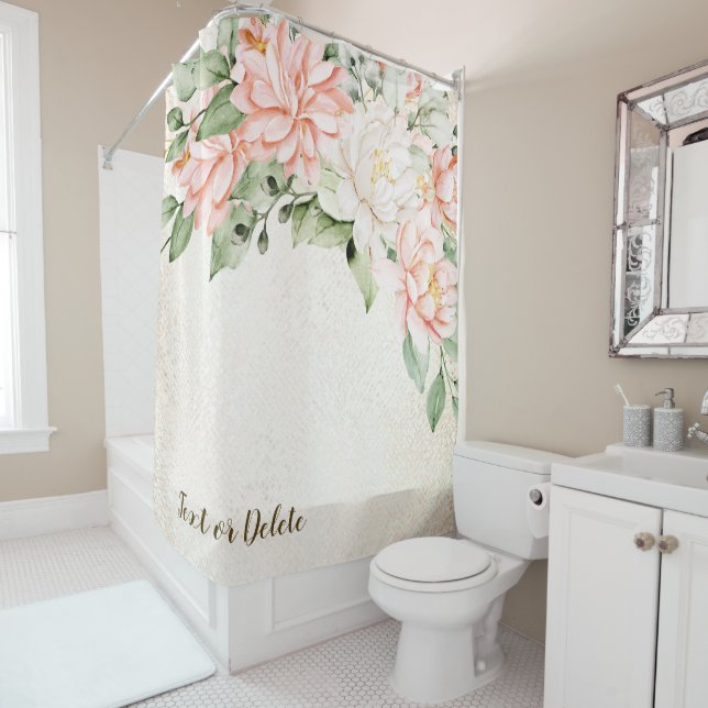 Watercolor Peach White Flowers Elegant Shower Curtain (In Situ)