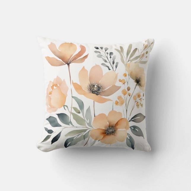 Watercolor Peach Yellow Flowers Botanical Floral  Cushion (Front)