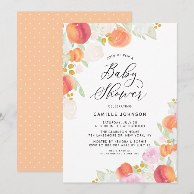 Watercolor Peaches and Flowers Baby Shower Invitation (Front/Back)