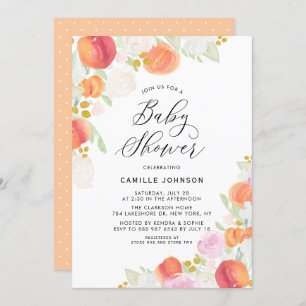 Watercolor Peaches and Flowers Baby Shower Invitation