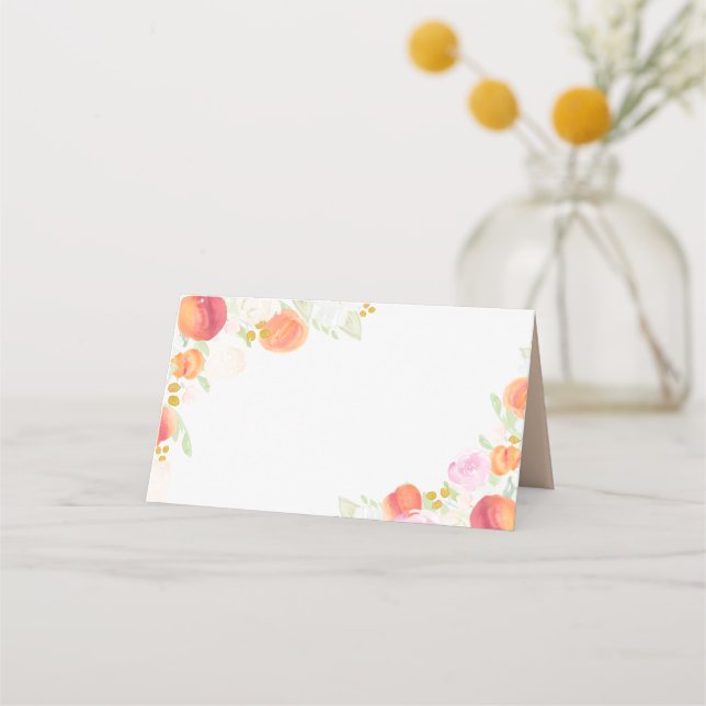 Watercolor Peaches and Flowers Place Card (Front)
