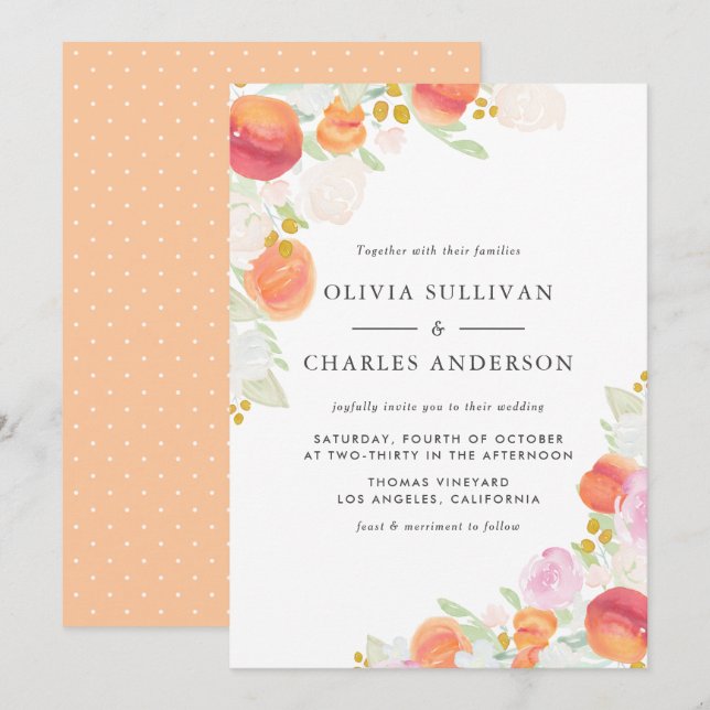 Watercolor Peaches and Flowers Spring Wedding Invitation (Front/Back)