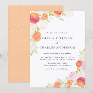 Watercolor Peaches and Flowers Spring Wedding Invitation