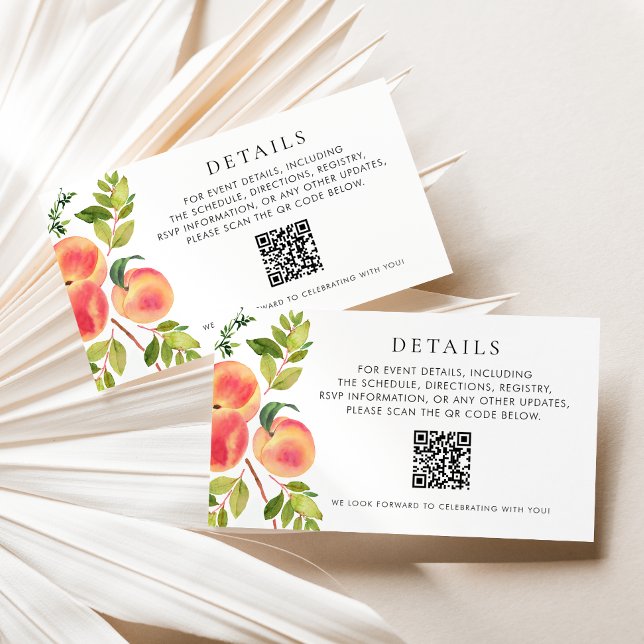 Watercolor Peaches and Greenery QR Code Details Enclosure Card (Watercolor peach baby shower details card with QR code for easy event information access.)