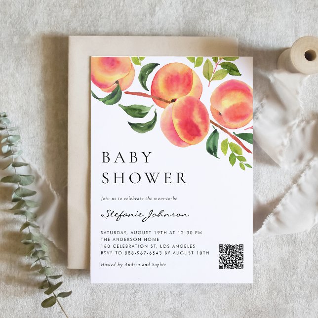 Watercolor Peaches Botanical Baby Shower QR Code Invitation (Watercolor greenery and peach baby shower QR code invitation for a sweet summer celebration.)
