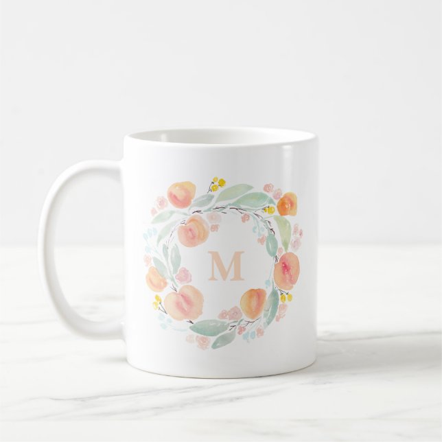 Watercolor Peaches Foliage Wreath Monogram Mug (Left)